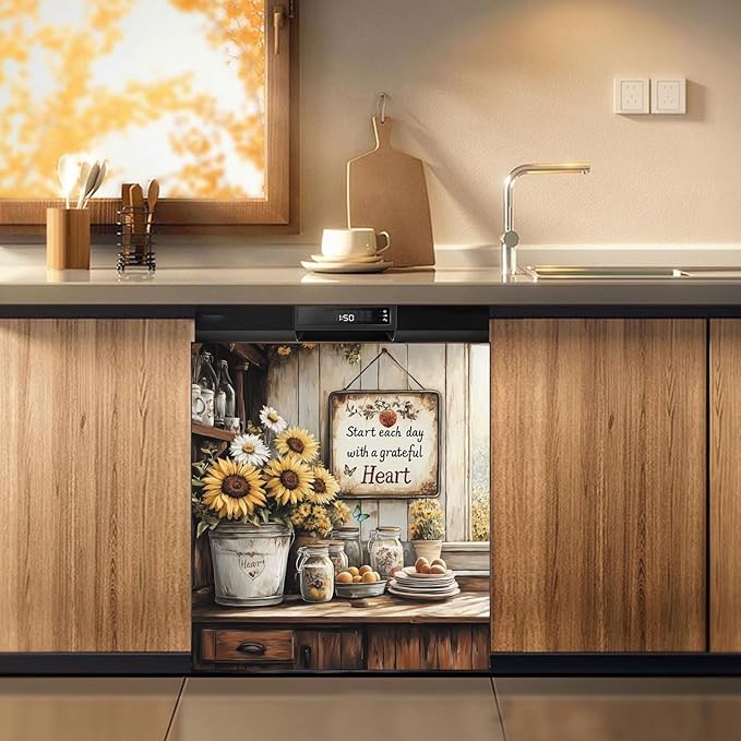 Generic Pastoral Style Sunflower Dishwasher Magnet Cover Kitchen Decor,Wood Grain Daisy Butterfly Dishwasher Sticker,Inspiring Quotes Refrigerator Panel Decals,Home Appliances Magnetic 23x26