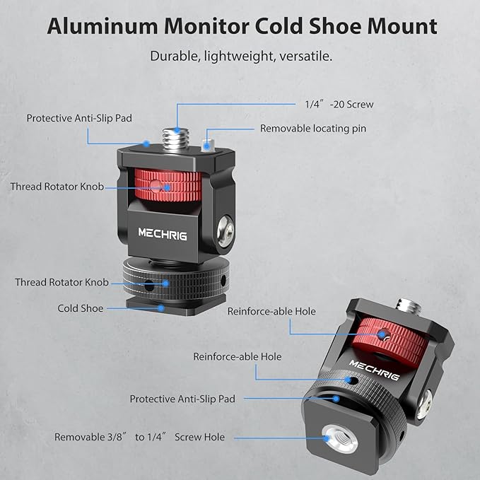 Mechrig Mini Camera Monitor Mount with Cold Shoe, Aluminum Cold Shoe Mount Adapter with 1/4″ Screw for Monitor LED Light Mic, Field Monitor Holder 360° Swivel & 180° Tilt Damping (Without Knob 63143)