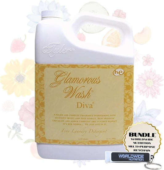 Worldwide Nutrition Bundle Compatible with Tyler Glamorous Wash Diva Laundry Liquid Detergent - Hand and Machine Washable Diva Laundry Detergent - 1.89L (64 Fl Oz) Detergent with Keychain