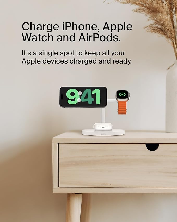 Belkin MagSafe-Compatible iPhone Charger, 3-in-1 Wireless Charging Station, Qi2-Certified 15W Wireless Charge for Apple iPhone 17 Series, Apple Watch, AirPods w/Non-Slip Base, 40W Included - White