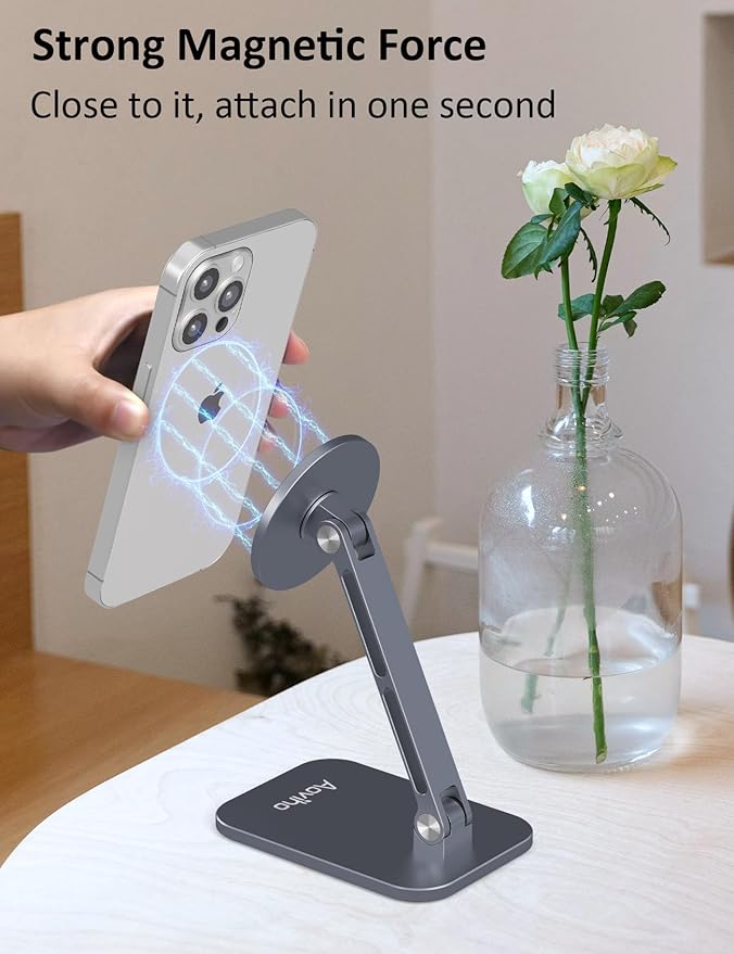 Aoviho Magnetic Phone Stand for MagSafe Adjustable - Aluminum Portable Phone Holder for Desk with 360° Rotating Head Compatible with iPhone 16/15/14/13/12 Pro Max and Magnetic Phone Case, Grey