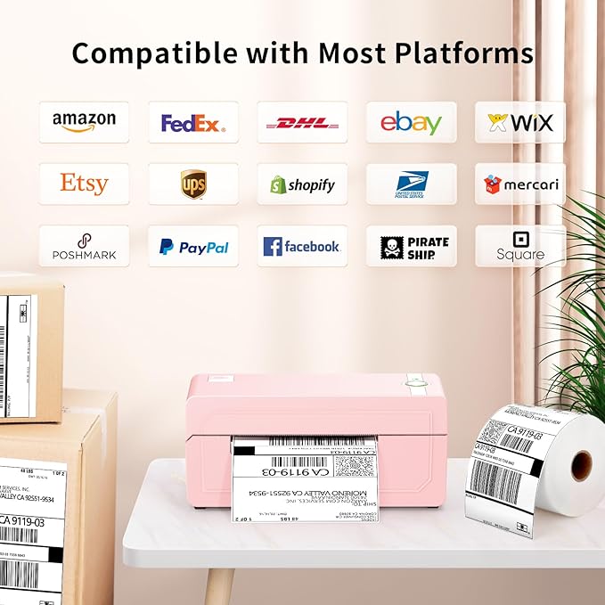 JADENS Bluetooth Thermal Shipping Label Printer – Wireless 4x6 Shipping Label Printer, Compatible with Android, iPhone, Windows & Mac, Widely Used for Ebay, Amazon, Shopify, Etsy, USPS(Pink)