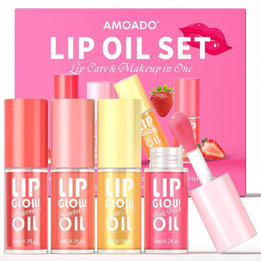 AMOADO Lip Oil, Tinted Lip Glow Oil – Hydrating & Nourishing, Lip Oils Gift Set, Fruity Lip Oils Gloss Non-Sticky & Glossy Finish, 4 Colors Lip Gloss for Girls and Women - Party Favor