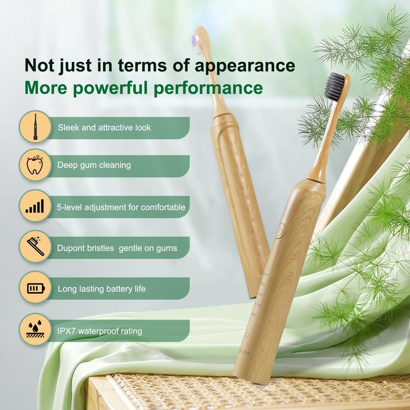 MgcSto Sonic Bamboo Electric Toothbrush for Adults - Rechargeable Electric Toothbrush -4 Pack Bamboo Repalcement Brush Heads| 5 Cleaning Modes Long-Lasting Battery
