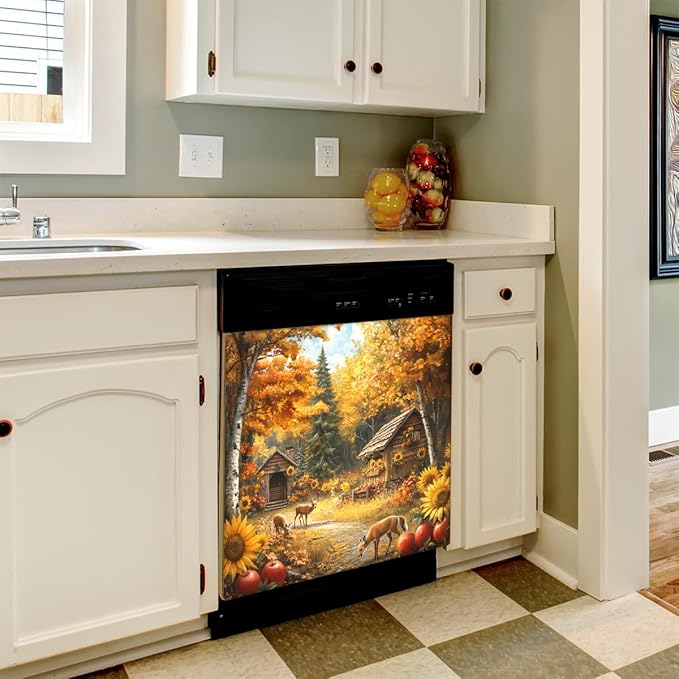 Autumn House Deer Golden Dishwasher Magnet Cover for The Front Magnetic Dishwasher Door Covers Dish Washer Sticker Wrap Home Decorative Appliances Panel Decal Kitchen Decor 23" x 26" (Magnetic)