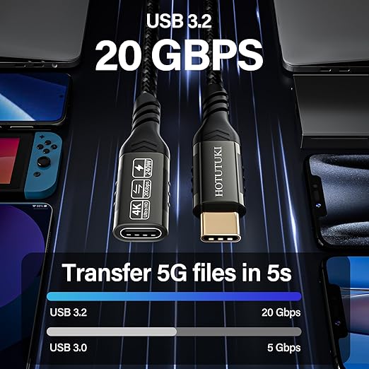 HOTUTUKI USB c Extension Cable 3.3ft, USB C 3.2 Extender Cord,USB c Male to to USB c Female Support PD 240W/5A Fast Charging, 20Gbps Sync Transfer, high Speed USB c Extension Cable