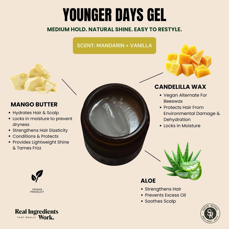 Shear Revival Younger Days Gel Pomade for Men & Women - Vegan, Medium Hold, Natural Finish for All Hair Types, Mandarin & Vanilla Scent, Travel Friendly 3.4oz and Eco-Conscious Packaging