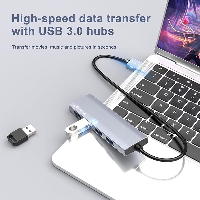 ANYPLUS USB Hub, USB 3.0 Hub Aluminum Alloy Ultra Slim USB Splitter, Portable 4 Port USB Extender, USB Hub for Laptop, PC, MacBook, iMac, Surface Pro, Mac Pro, Flash Drive, XPS 【Grey】
