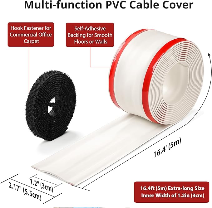 16.4ft Cord Cover Floor, Soft PVC Cord Covers for Wires on Floor, Self-Adhesive Floor Cable Cover Cord Hider, Floor Cable Management Cable Protector for Commercial Office Carpet/Floors/Wall Off White