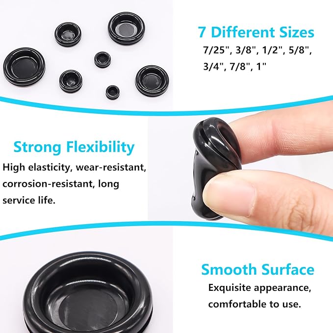 Hmknana Rubber Grommet Kit Closed Firewall Grommet 7 Sizes 7/25" 3/8" 1/2" 5/8" 3/4" 7/8" 1" Rubber Hole Plug Rubber Grommets for Wiring (188Pcs)