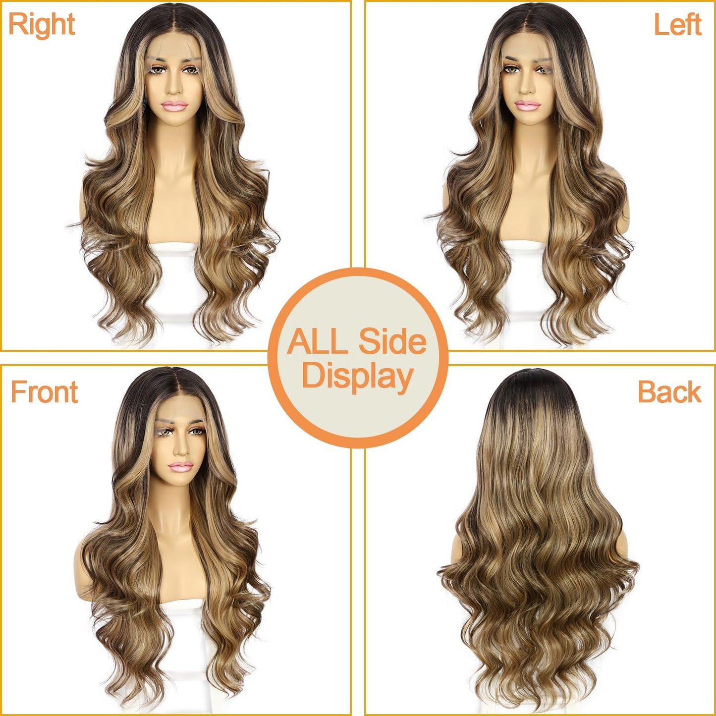 SAPPHIREWIGS Highlight Brown Lace Front Wig Long Wavy Ombre Brown Blonde 13x4 Synthetic Wear And Go Lace Front Wigs for Women Daily Party Use 26 Inches