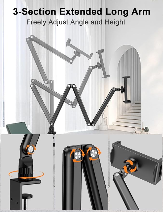 Yumecamp Triple Arm Tablet Stand, Heavy Duty Aluminum iPad Holder with Desk Clamp, 360° Rotating Mount for 4.7-15.6" iPad/iPhone/Portable Monitors – Sturdy No-Shake Design for Kitchen,Work