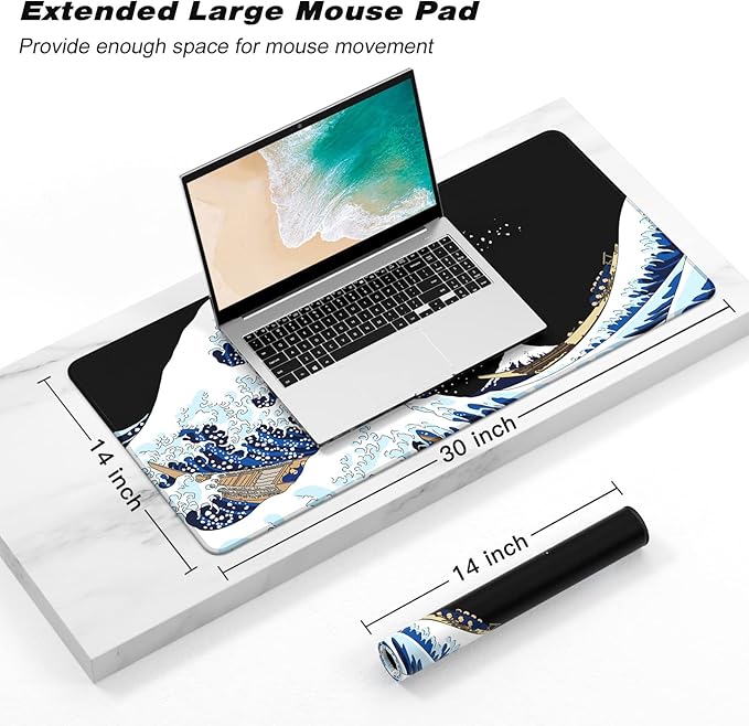 Atufsuat Extended Gaming Mouse Pad, XXL Large Desk Pad 30 x 14 Inch, Big Computer Keyboard Mousepad, Waterproof Mouse Mat with Stitched Edges and Non-Slip Base for Women Office Gaming, Sea Waves