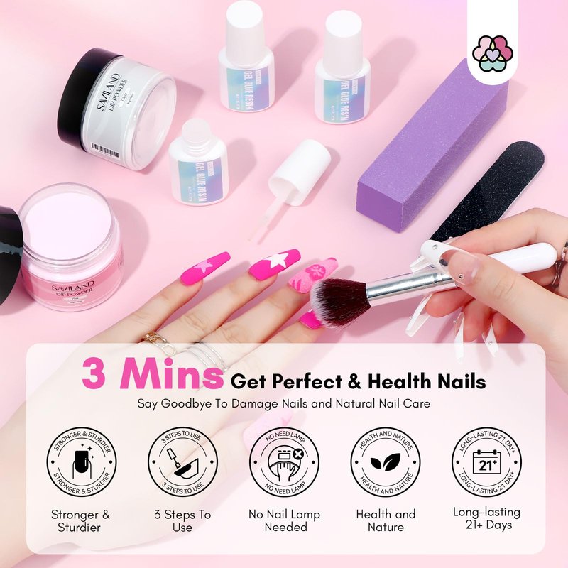 SAVILAND 60g Nail Repair Kit for Split Damaged Nails: 3 Mins Air Dry Quick & Easy Instant Broken Nail Repair Natural Clear & Pink Dip Powder with 21ml Nail Glue Emergency Home & Salon Use