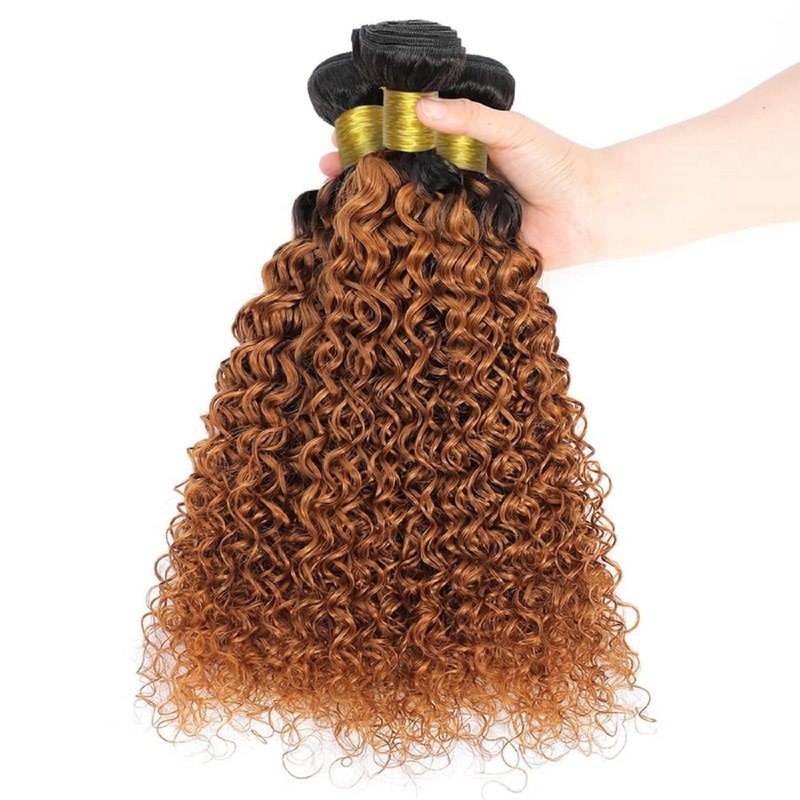 Leruikair Human Hair Bundles 14 16 18 Inch Jerry Curly Wave Human Hair Bundles Omber Chocolate Brown T1B/30 Unprocessed Brazilian Soft Quick Weave Hair for Black Women
