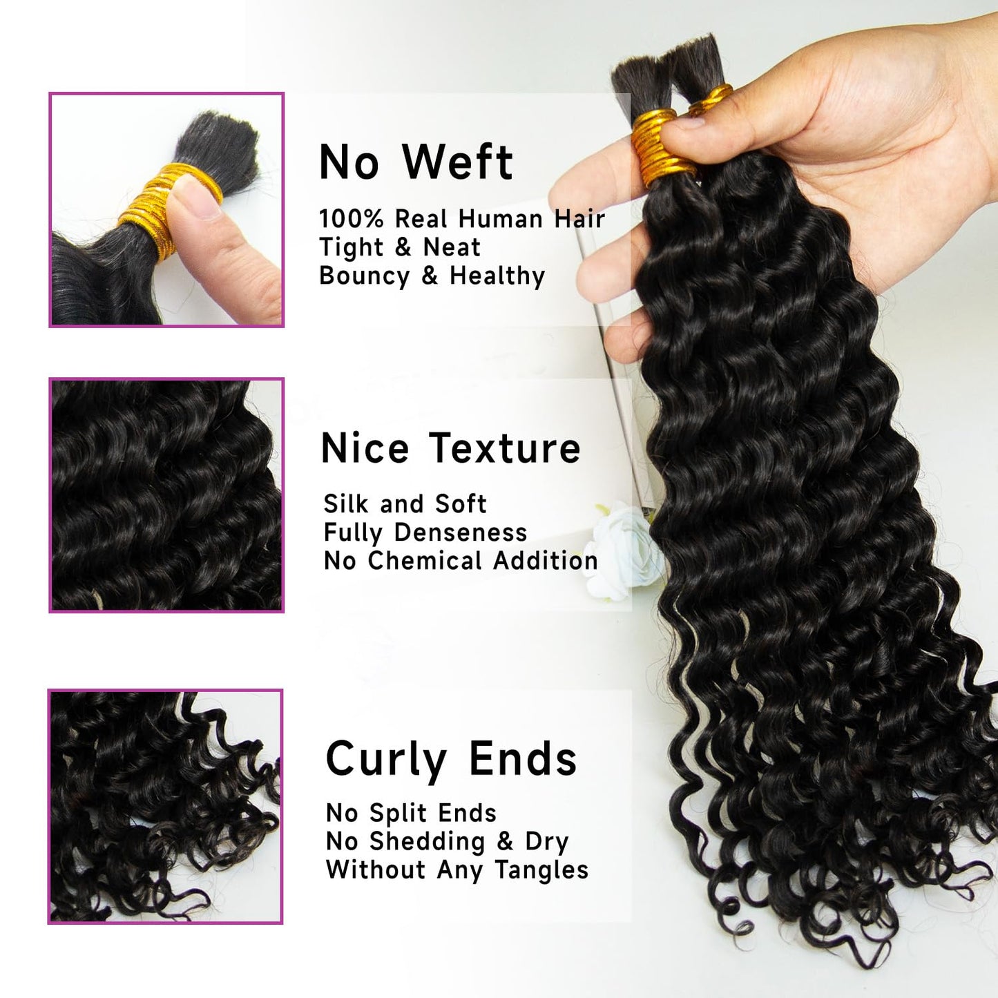 Topnormantic Human Braiding Hair for Boho Braids, 12A Boho Hair for Braiding Knotless Curly Natural Black 16 Inch 100g Unprocessed Brazilian Virgin Human Hair Bulk Tangle-Free Deep Wave Bohemian Braid