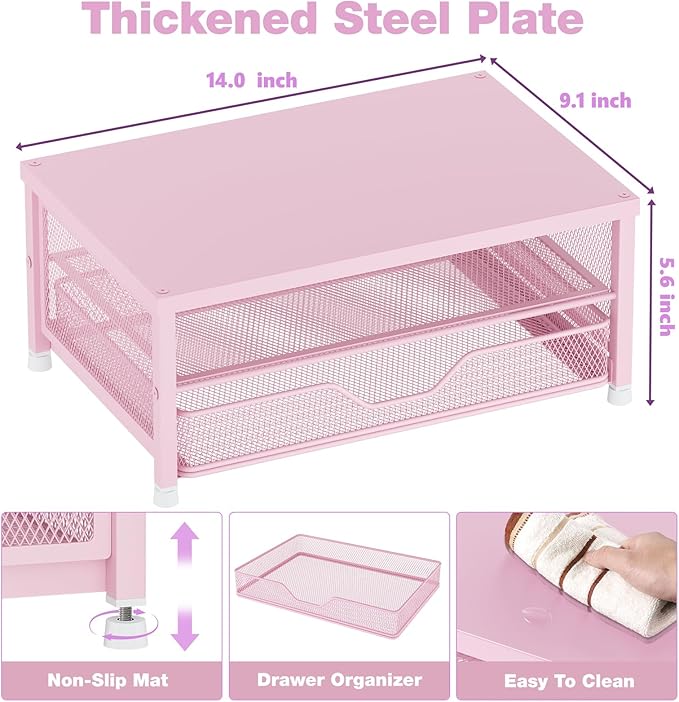 OPNICE Computer Monitor Stand Riser, Desk Organizer with Drawer, Printer & Laptop Stand, Office Desk Accessories & Workspace Desktop Organizers Storage for Office Supplies(Pink)