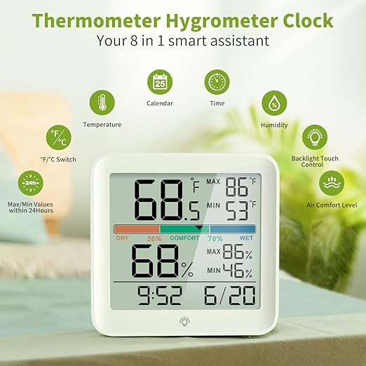 MeesMeek 2 Pack Indoor Thermometer Room Temperature Home Hygrometer Humidity Gauge, Accurate with Calibration, Backlight, Air Comfort Indicator, 24H Max Min Records, Time, Date(AAA Batteries Included)