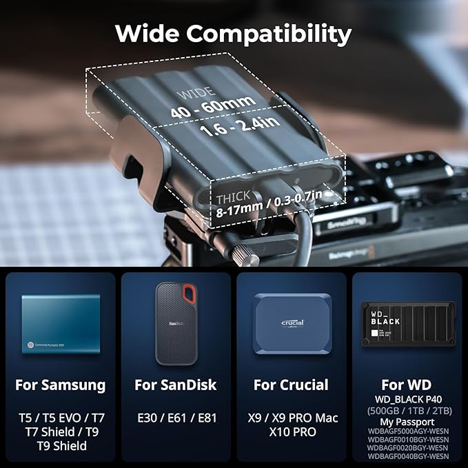 SMALLRIG Universal SSD Holder for MagSafe, SSD Mount Bracket for Samsung T5 T7 SSD, for SanDisk SSD,for iPhone 17/16/15/14, for Camera Cage, with Cold Shoe & Cable Clamp, 40-60mm Wide Clamping - 5196