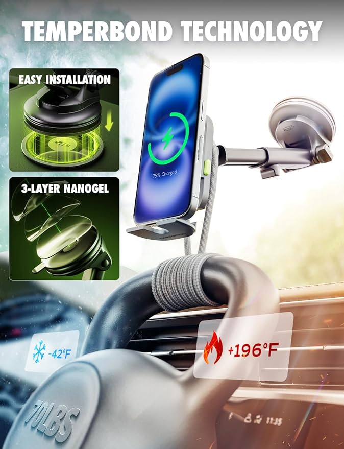 Bracketron MagAlign Extend 15W Magsafe Car Mount Charger, Magnetic Car Phone Holder Charger Wireless Car Charger for iPhone 17 Pro Max 16 15 14 13,Vent/Windshield/Dash Phone Mount Holder Fast Charger