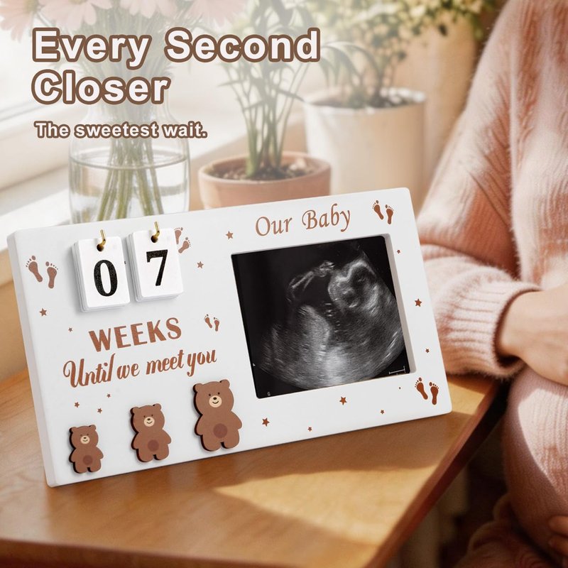 DACO MIN Baby Sonogram Picture Frame with Countdown Weeks, 4"x3" Ultrasound Photo Frame with Inkless Handprint Kit, Bear Pregnancy Announcement Gift for Expecting Mom Dad, Grandparents Reveal (Brown)