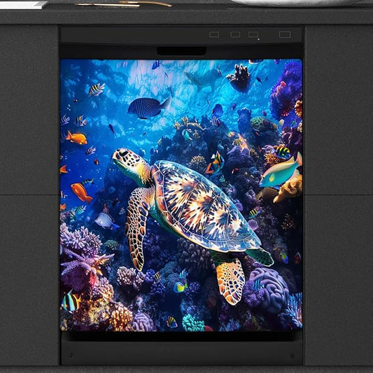 Ocean Fish Turtle Dishwasher Magnet Cover Decorative Refrigerator Covers Magnetic Reusable Dishwasher Door Cover Kitchen Appliance Sticker Cover 23x26Inch