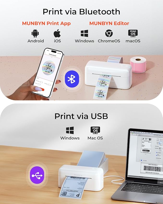 MUNBYN Bluetooth Thermal Label Printer RealWriter RW402B, 4x6 Shipping Label Printer for Small Business, Compatible with Android, iPhone and Windows, Mac, Chromebook
