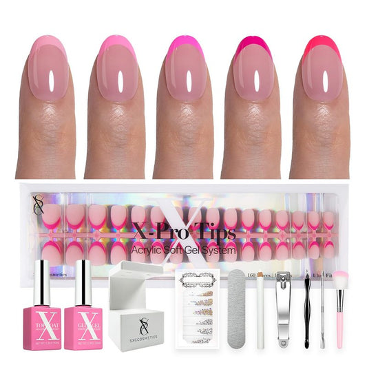 SXC Cosmetics X-Pro Tips French Tip Press on Nails – French Pink Edition (PINK118KIT-XS Almond)