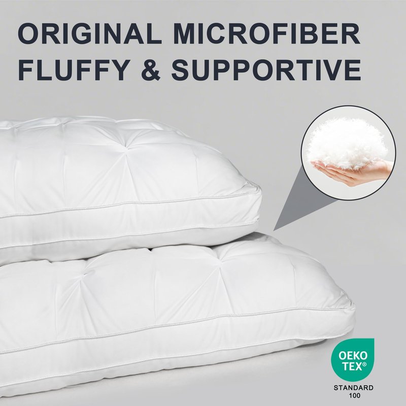 WQSPRING Support Bed Pillow Queen Size Set of 2 – Super Soft Down-Alternative Filling with Cotton Cover, Hotel Quality for Side Sleepers, Breathable & Oeko-TEX Certified