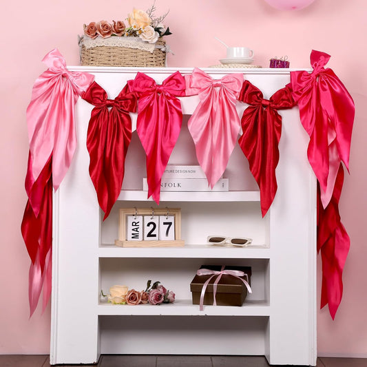 Skiennix Pink Bow Garland Banner - Satin Ribbon Decor for Fireplace | Perfect for Bachelorette, Bridal Shower & Birthday Parties (3 Red)