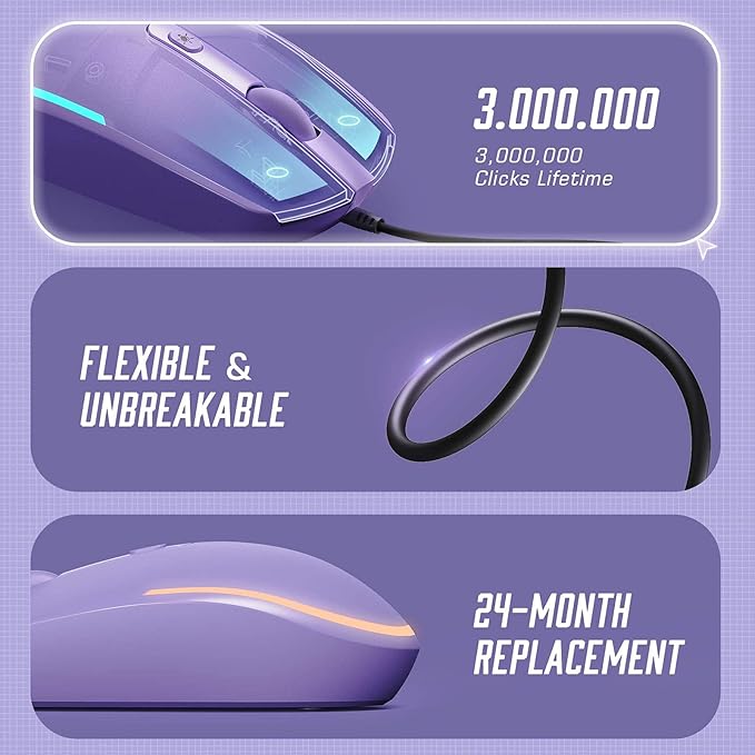 seenda Wired Mouse - USB Computer Mice Wired with RGB Backlit Optical LED Mouse with Attached USB Cord for Laptops Notebooks Chromebook - Purple