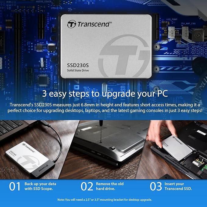 Transcend SSD230 256GB 2.5" SATA III 6Gb/s Internal SSD with DRAM, Up to 530MB/s, for PS4/ PCs/Laptops, Desktops/Notebooks, 3D TLC Internal Solid State Drive with SLC Cache, RAID Engine, LDPC Coding
