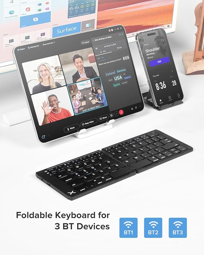 DELUX Mini Foldable Bluetooth Keyboard, Wireless Portable Travel KBD with Stand Holder, Rechargeable Keyboard with Ultra Slim Mini Size, Compatible with iOS/Android/Windows/Mac/Phone/Tablet (KF19)