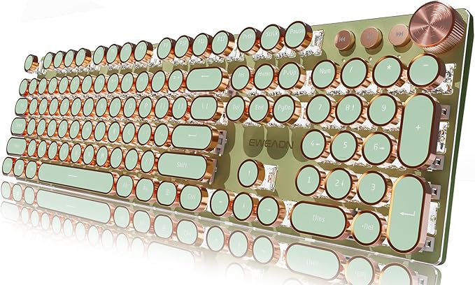 EWEADN Wired Typewriter Mechanical Keyboard, Low Noise Retro Punk Keyboard with Media Knob, White Backlit, Metal Panel, 104-Key Round Keycaps gaming Keyboard for Windows PC, Pink Switch, Green