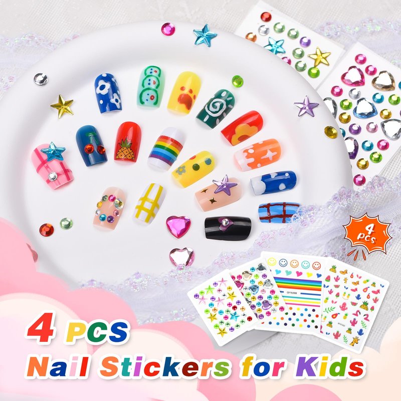 Quick Dry Kids Nail Polish Set for Girls, Non-Toxic Toddler Water-Based Nail Polish Kit with Gems Stickers 9 Colors Peelable Fingernail Set for Ages 3+