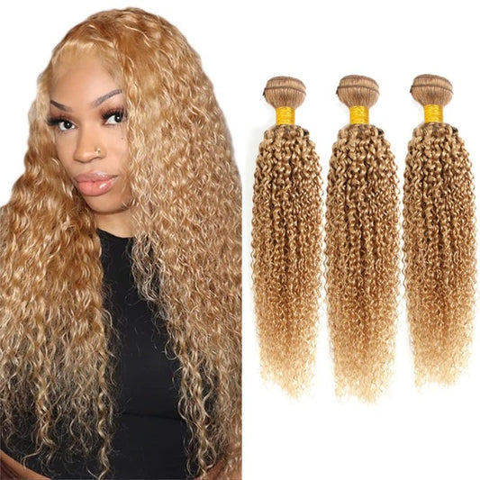 Color 27 Curly Wave Bundle Honey Blonde Human Hair 3 Bundles Kinky Curly Brazilian 100% Unprocessed Virgin Extensions Double Weft Bundle 8 10 12 Inch