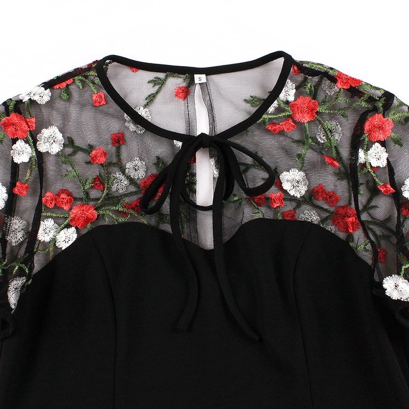 Women Keyhole Tie Neck Mesh Sleeve Vintage Cocktail Swing Dress Sweetheart Illusion Embroidery Flower 50s Pleated A-line Rockabilly Prom Dress Wedding Party 1950s Retro Casual Midi Dress Floral 4XL