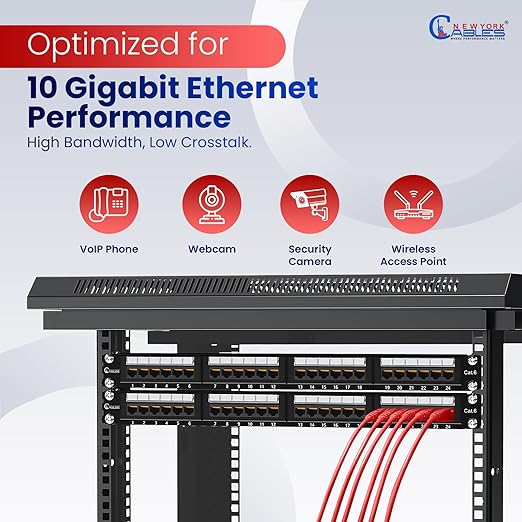 NewYork Cables 24 Port Cat6 Patch Panel, 10Gb Ethernet, 1U 19-Inch Rack or Wall Mount, UTP Network Patch Panel, Heavy-Duty Steel, Color-Coded T568A/B, 110/Krone Compatible, Black