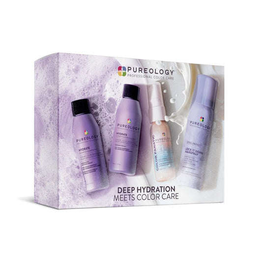 Pureology Hair Hydration Discovery Kit - Shampoo, Conditioner, Color-Fanatic Leave-In Treatment & Hairspray, Deeply Moisturizes, Instant Softness & Shine, For Dry and Color Treated Hair, Travel Size