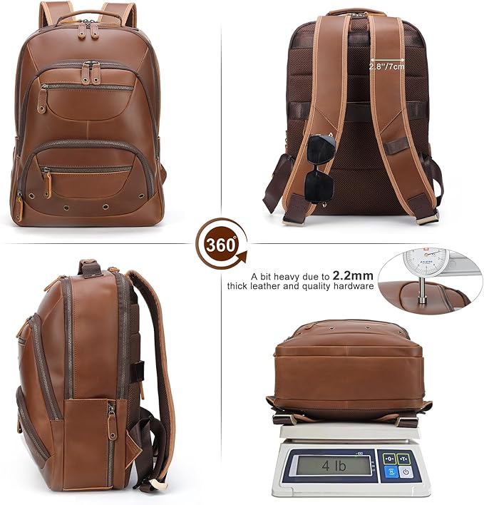 TIDING Leather Backpack for Men Fits 16" 15.6” Laptop, Vintage Business Travel Work Bag Large Overnight Weekender Daypack