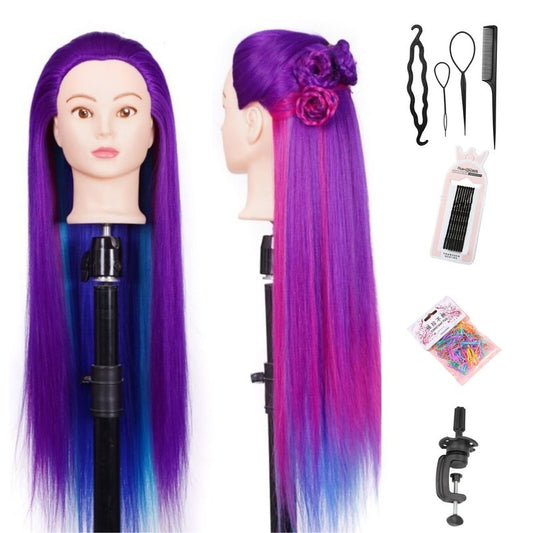 Training Head 26"-28'' Mannequin Head Hair Styling Manikin Cosmetology Doll Head Synthetic Fiber Hair Hairdressing Training Model Free Clamp Exquisite Gifts (Purple Four Colors)