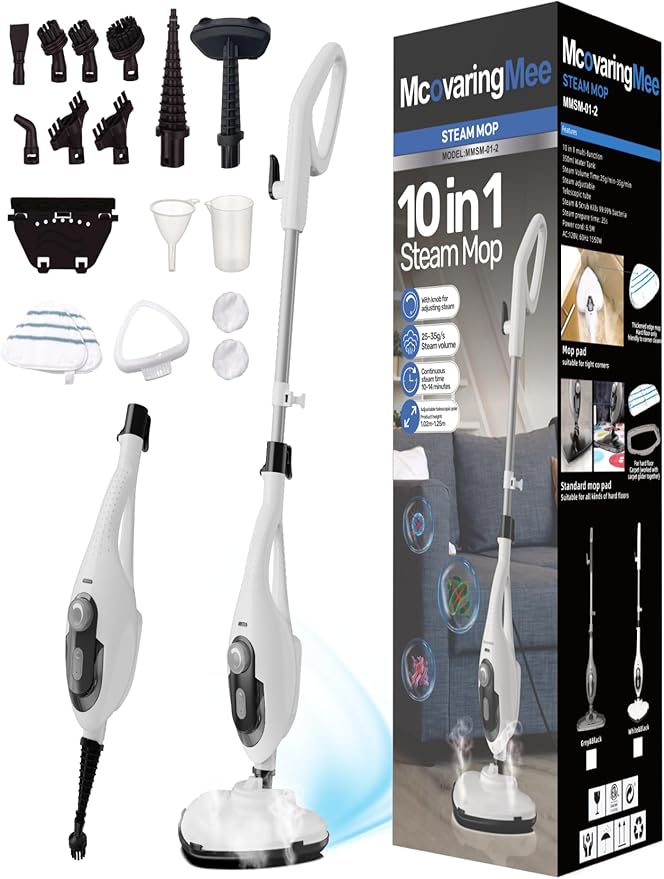 11-in-1 Steam Mop, 1550W Powerful Handheld Steam Cleaner, 260Â°F Multi-Functional Floor Steamer with 21.3FT Cord for Floors, Hardwood, Tiles, Grout, Windows, Kitchen, Bath, Adjustable (White)