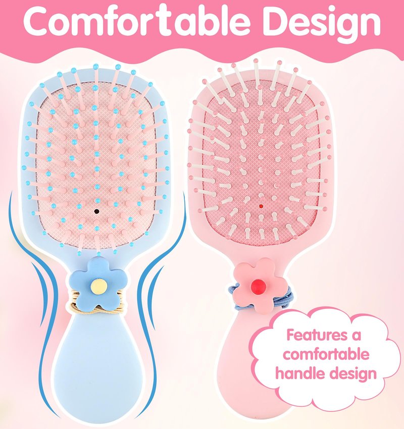 Toddler Hair Brush Girl, 2 Pcs Toddler Detangler Brush for Wet Dry Hair, Kids Boys and Girls with 2 Hair-Ties (Pink & Blue)