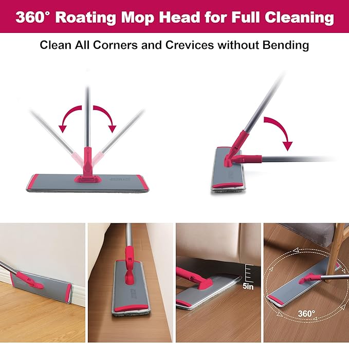 JOYMOOP 18 Inch Dust Mop for Hardwood Floors, Heavy Duty Industrial Wet Dry Mops with Telescopic Handle, Includes 5 Microfiber Mop Pads - Red-Grey