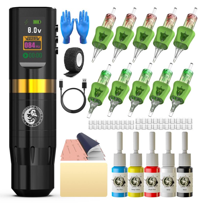 Wormhole Tattoo 58Pcs Complete Tattoo Gun Kit - Aluminum Alloy LED Smart Tattoo Pen Wireless Tattoo Machine with 1800mAh Battery for Tattoo Beginners - Black WTK313