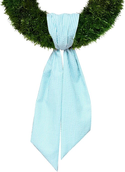 Lake Blue Seersucker Christmas Wreath Sash - Holiday Decor for Front Door & Baby Showers