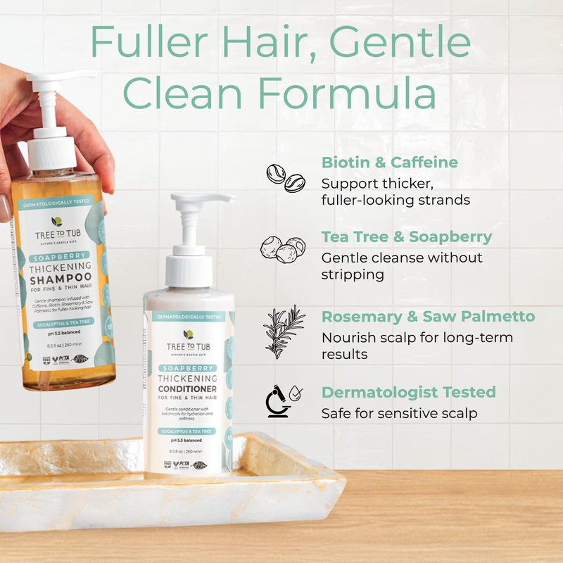 Tree To Tub Volumizing Biotin Shampoo and Conditioner Set - Activating Caffeine for Fuller Hair, Thickening Shampoo and Conditioner for Women & Men, Sulfate Free w/Natural Soapberry Organic Argan Oil