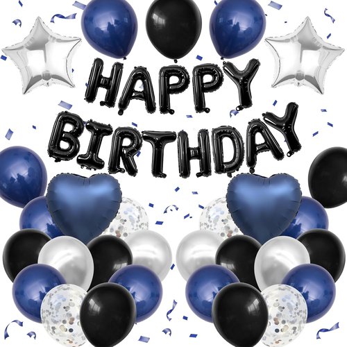 Happy Birthday Decorations | Navy Blue & Black Balloons with Silver Confetti - Perfect for Men & Women