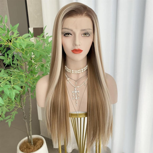 VASTCURY Light Honey Blonde Wigs Highlight Platinum Ombre Color 13x4 Synthetic Fiber Lace Front Wig Long Silky Straight 22Inch Pre Plucked Hairline for Women