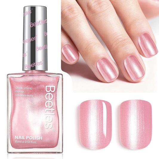 Beetles Pink Nail Polish - 15ML Quick Dry Nail Polish Romantic Reverie Pink Rose Pearl Nail Lacquer Shimmer Fingernail Polish Art Effect for Nail Salon-Quality